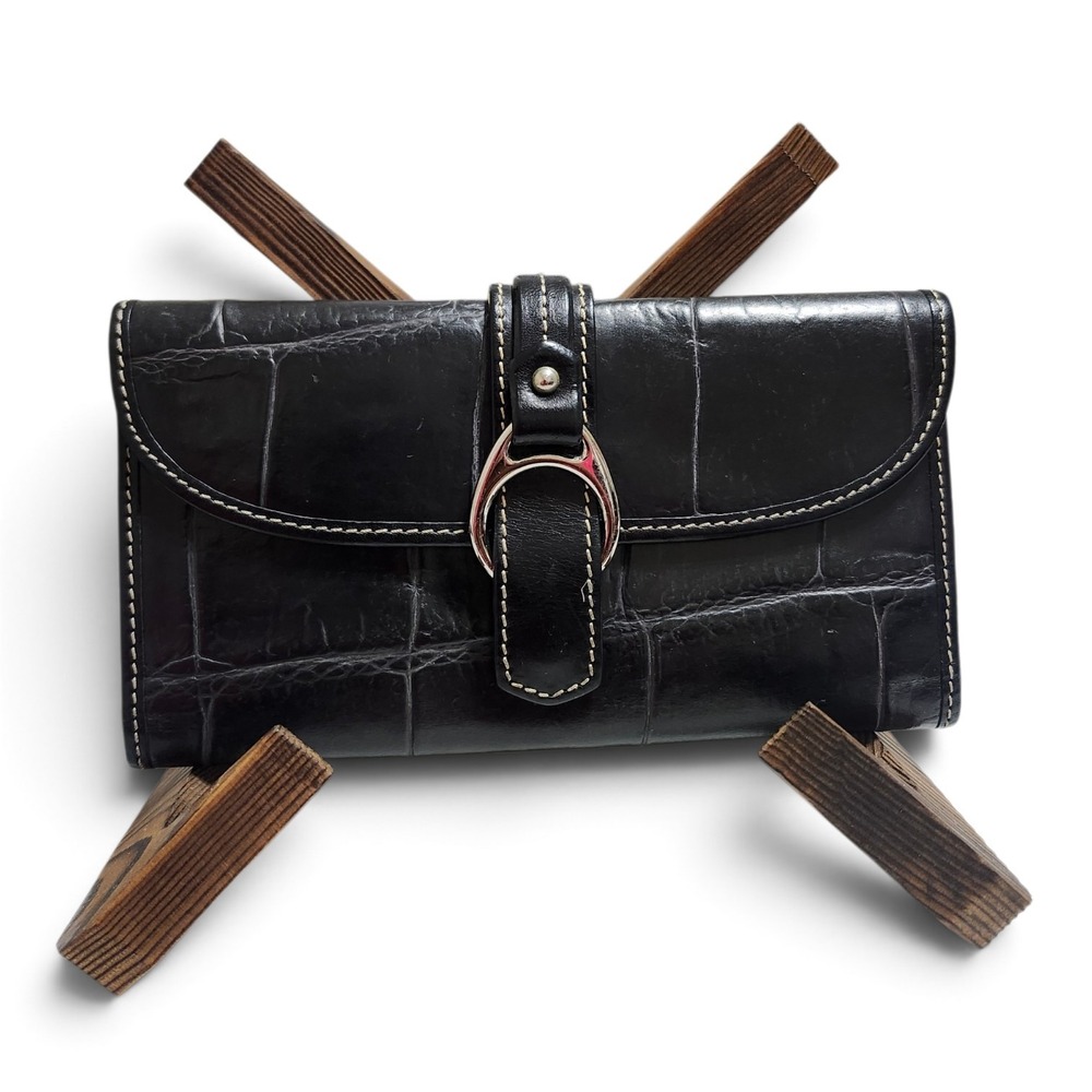 Dooney & Bourke Croc Embossed Leather Continental Flap Wallet Black Stirrup